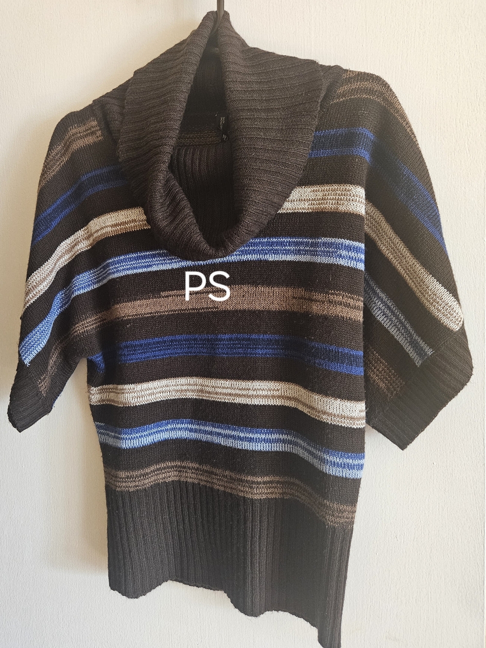 Striped Shawl Collar Short-Sleeve Sweater - Black, Blue, Brown